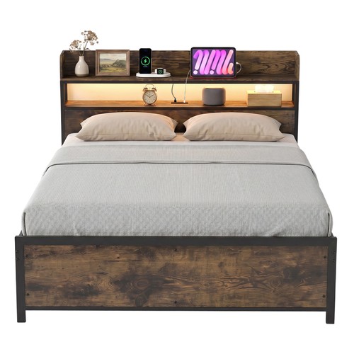 Queen bed frame - bed, lights